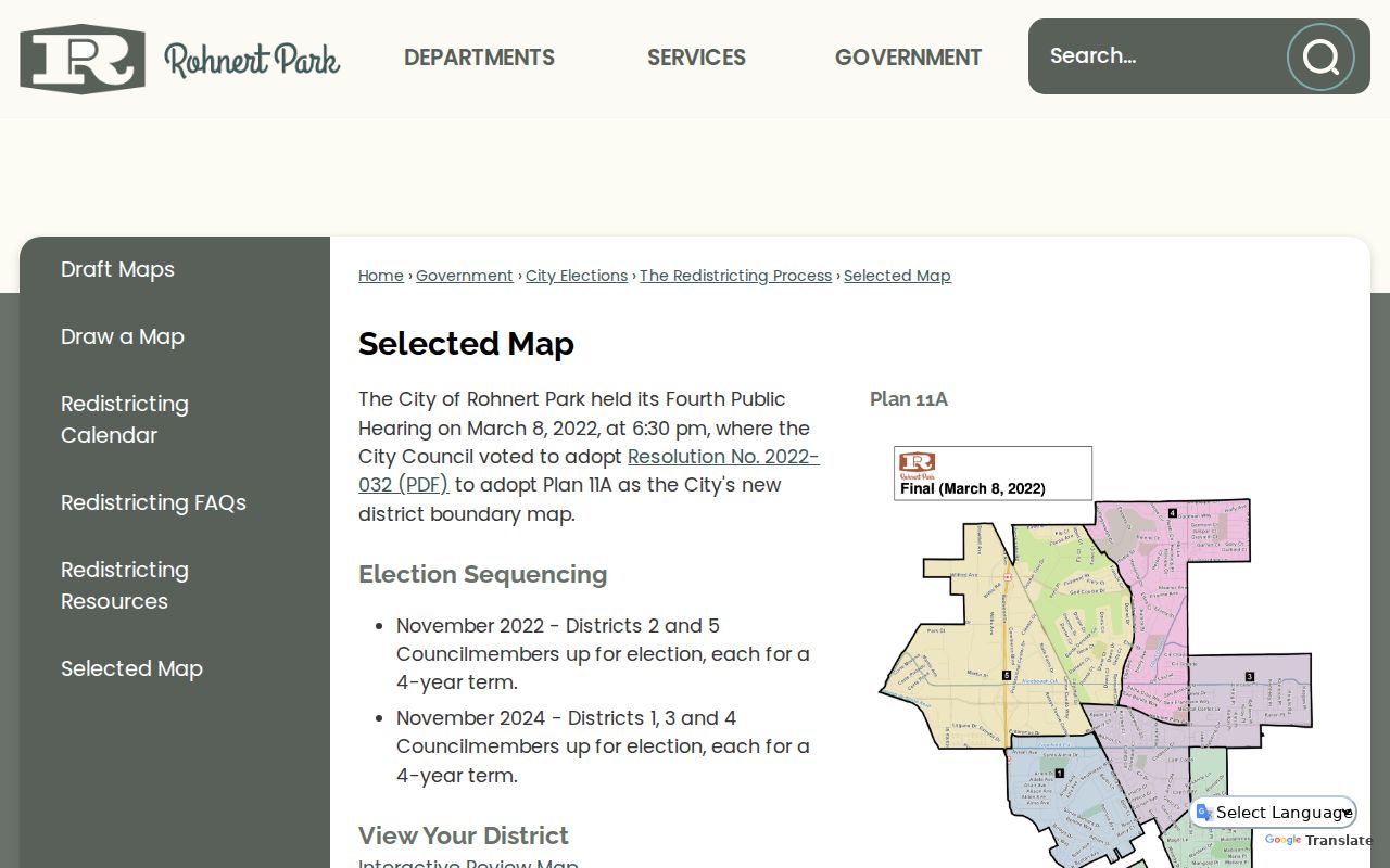 Rohnert Park ZIP code directory context from the city's address-searchable district map